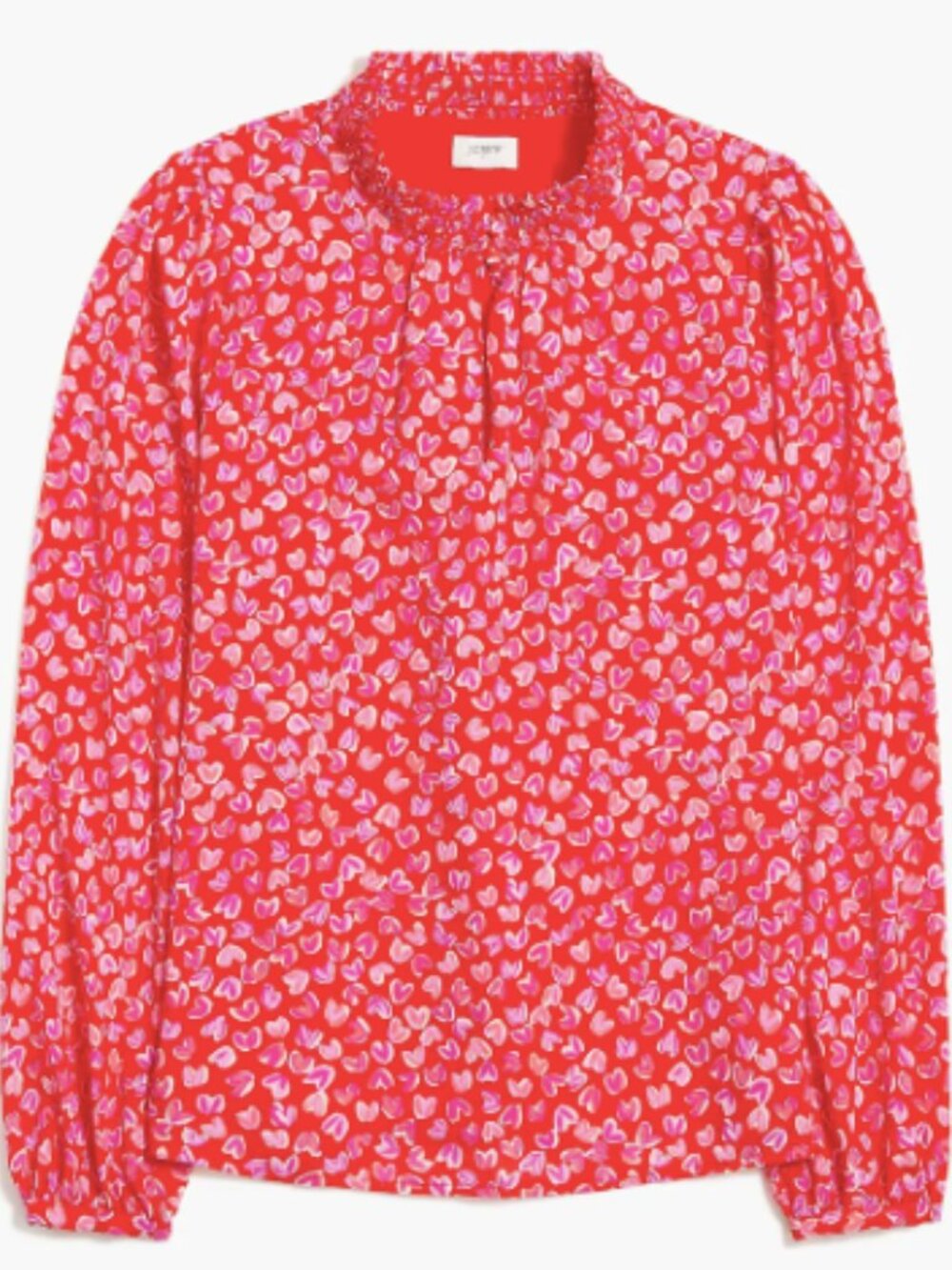 J Crew Smocked Ruffled neck keyhole Top red pink hearts Size M NWT
